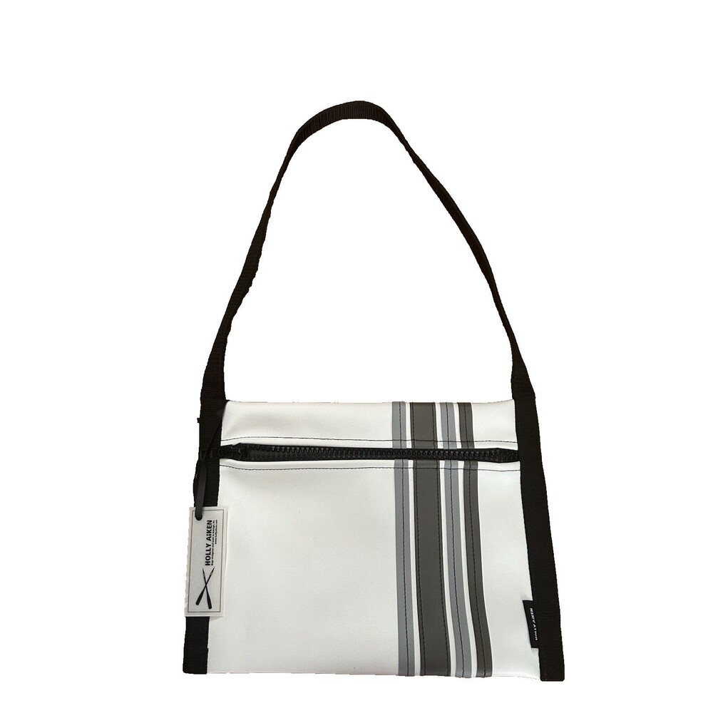 Holly Aiken Scoot Shoulder Bag White Vinyl Gray Stripes Messenger Purse NEW